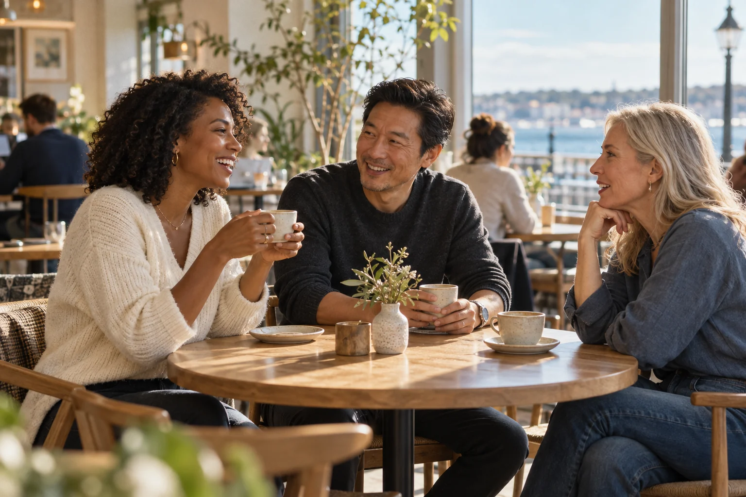 Illustrative lifestyle scene of friends sharing coffee