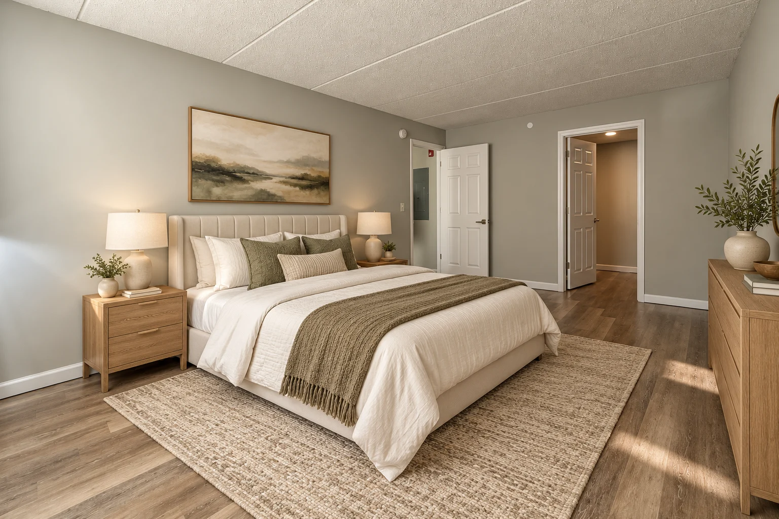 One-bedroom apartment bedroom with a bed, bedside lamps and a window