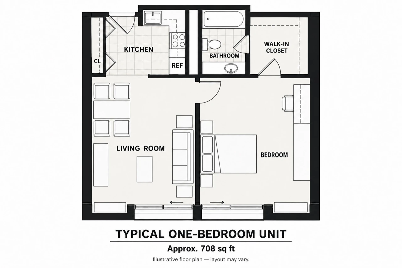 Illustrative one-bedroom labeled floor plan, approximately 708 sq ft, with a separate bedroom, living room, kitchen, bathroom and walk-in closet. Layout may vary.