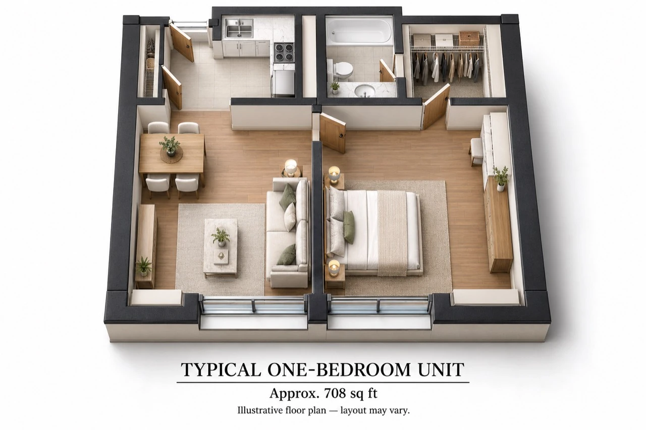 Illustrative one-bedroom furnished 3d layout, approximately 708 sq ft, with a separate bedroom, living room, kitchen, bathroom and walk-in closet. Layout may vary.