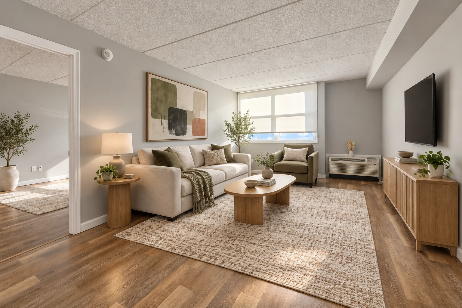 One-bedroom living room with sofa, coffee table and windows