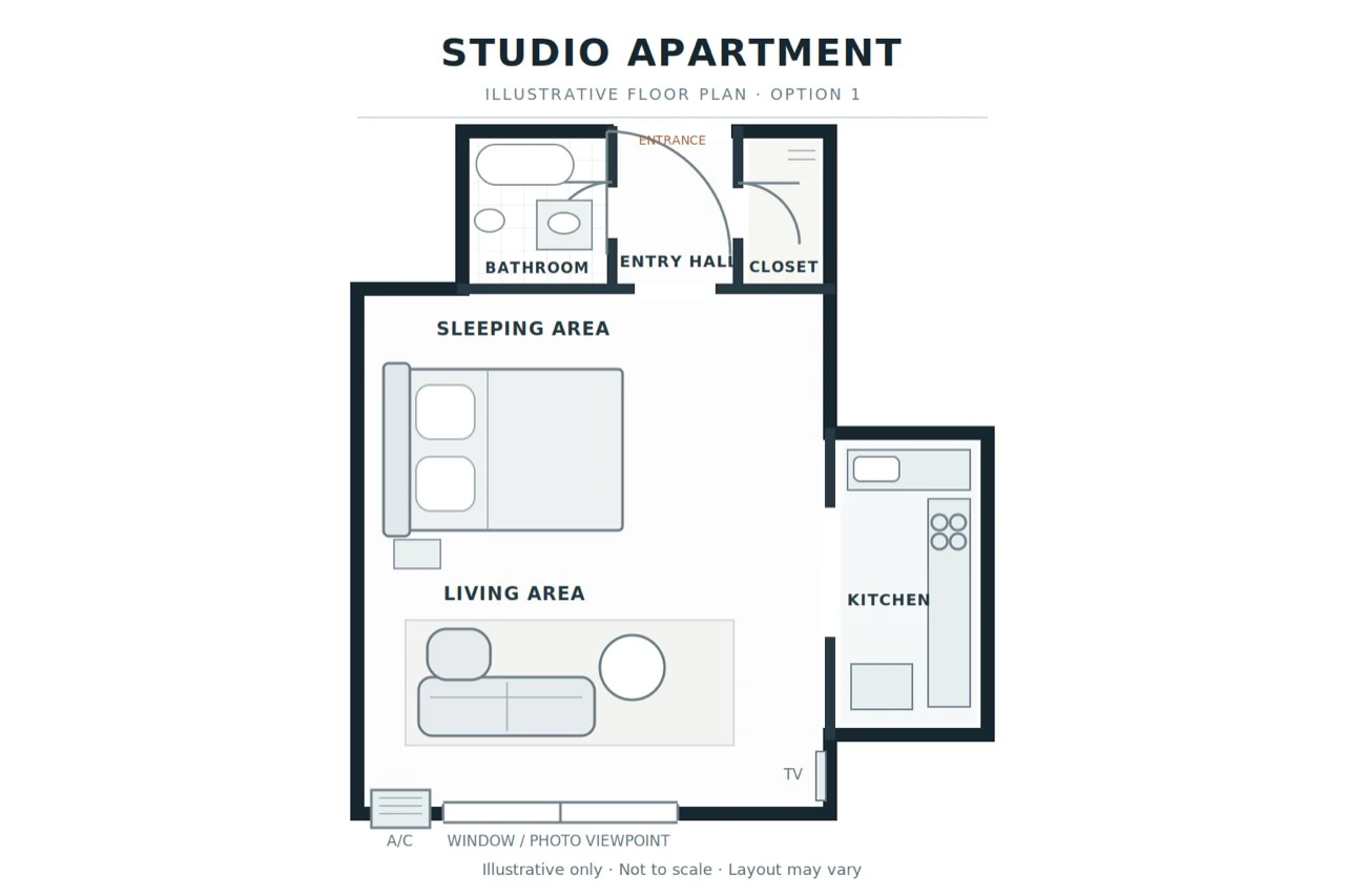 Illustrative studio floor plan showing the entrance, bathroom, closet, sleeping area, living area and kitchen. Not to scale; layout may vary.