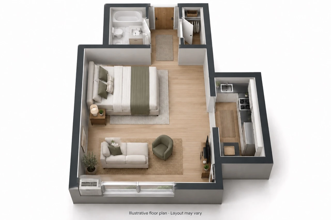 Illustrative furnished studio floor plan with living and sleeping areas, separate kitchen, bathroom and closet. Layout may vary.