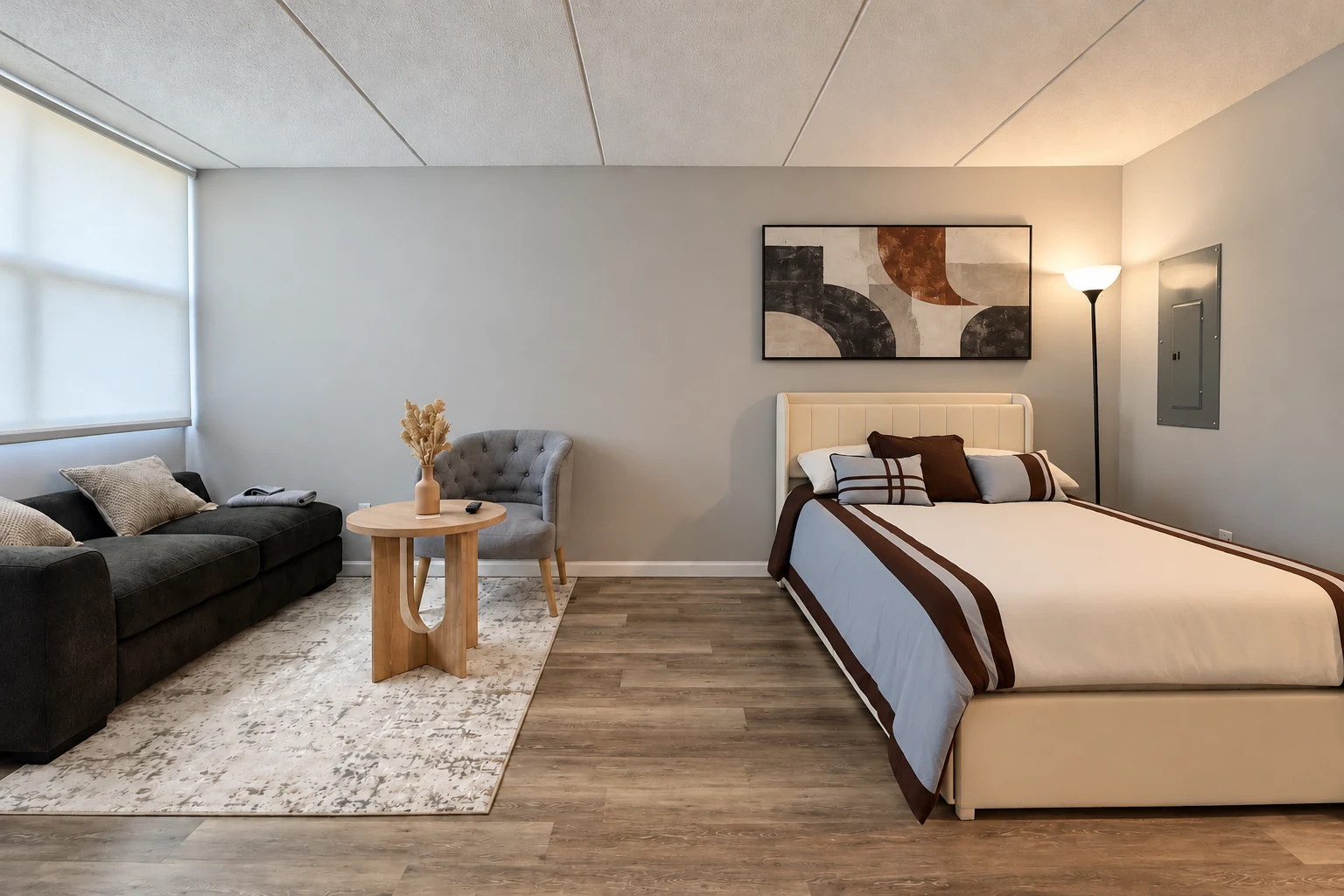 Studio living and sleeping area