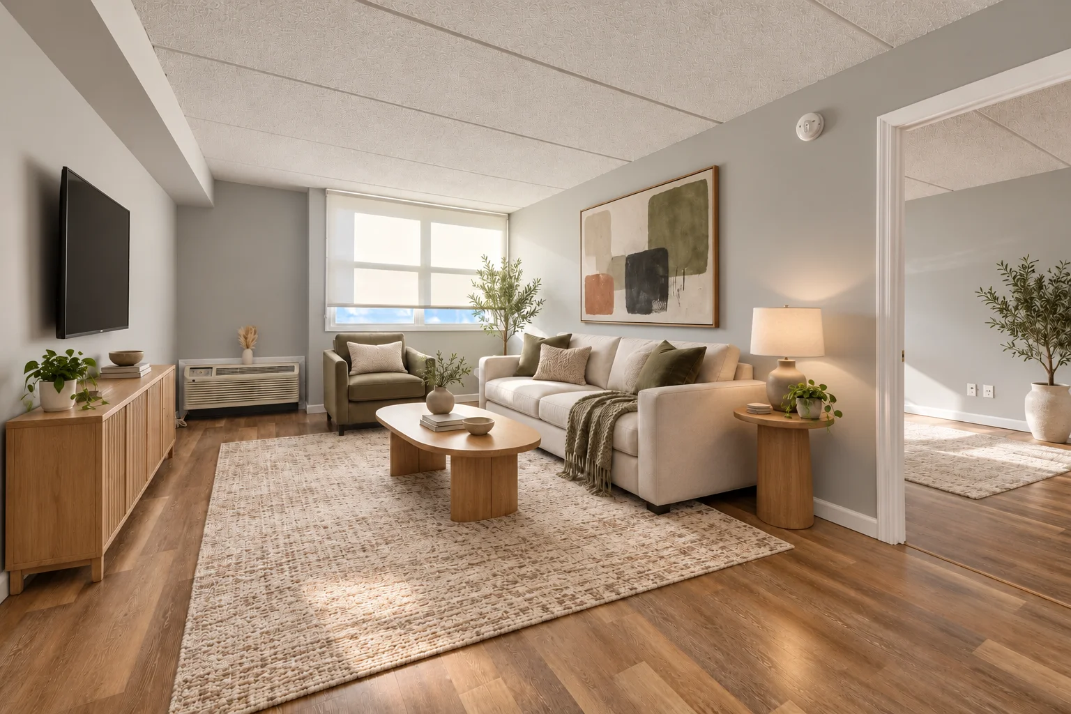Illustrative mirrored one-bedroom living room used as a representative interior; actual two-bedroom photos coming soon